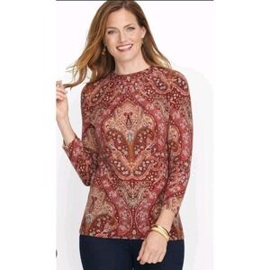 Talbots 100% Cashmere Soft Audrey Sweater Pink Paisley Print Sz Medium Petite